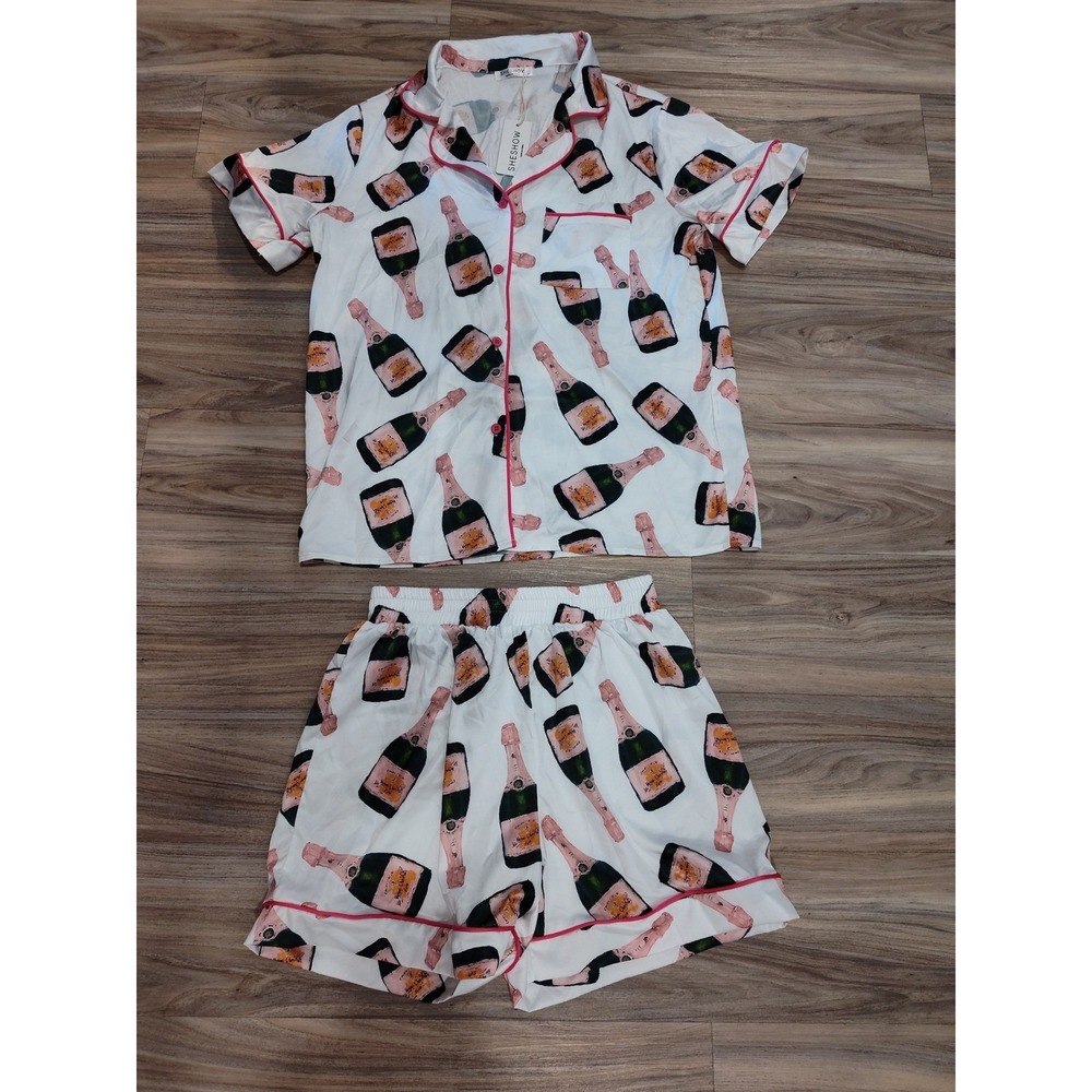 SheShow Womens Champagne Bottle Pajama Set White Pink Satin Shorts Small NWT